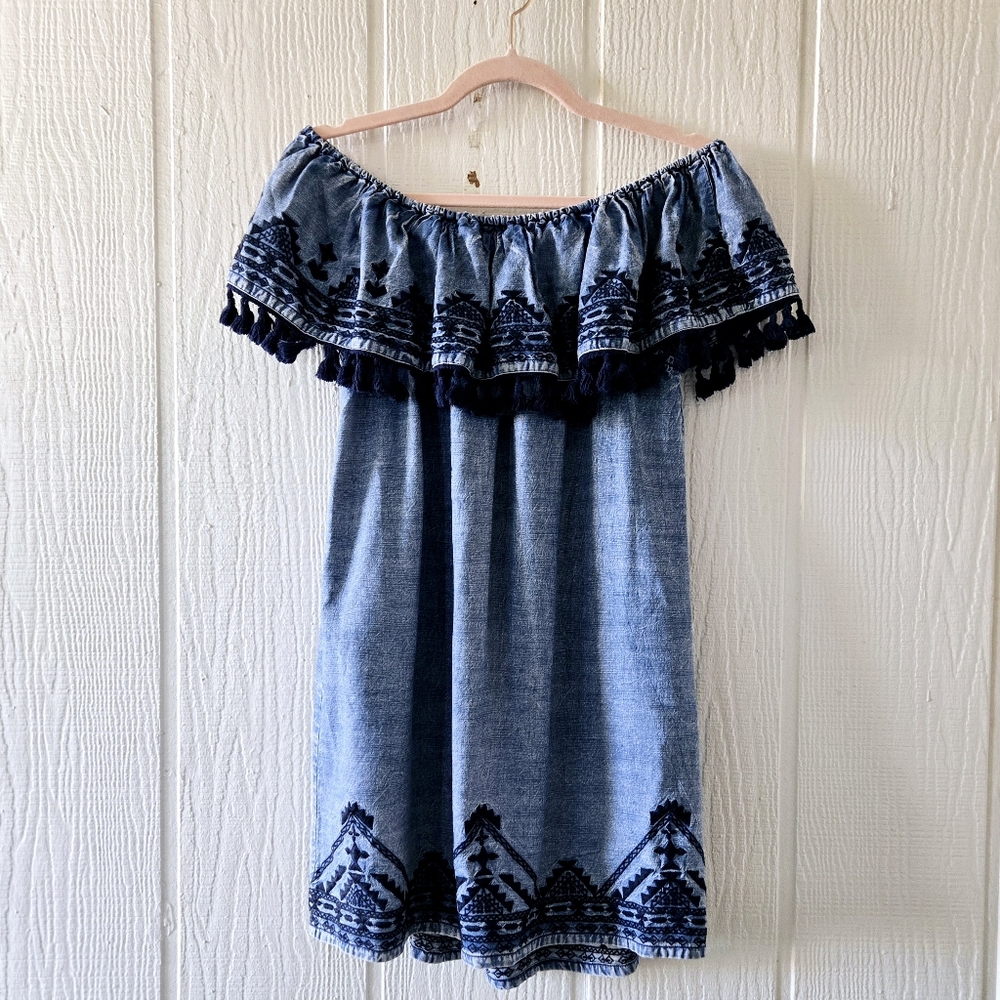 Tolani Embroidered Off The Shoulder Chambray Tunic Mini Dress Blue Large